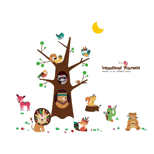 Toko Online Kartun Hewan Hutan Pohon Cabang Wall Stiker Decal
