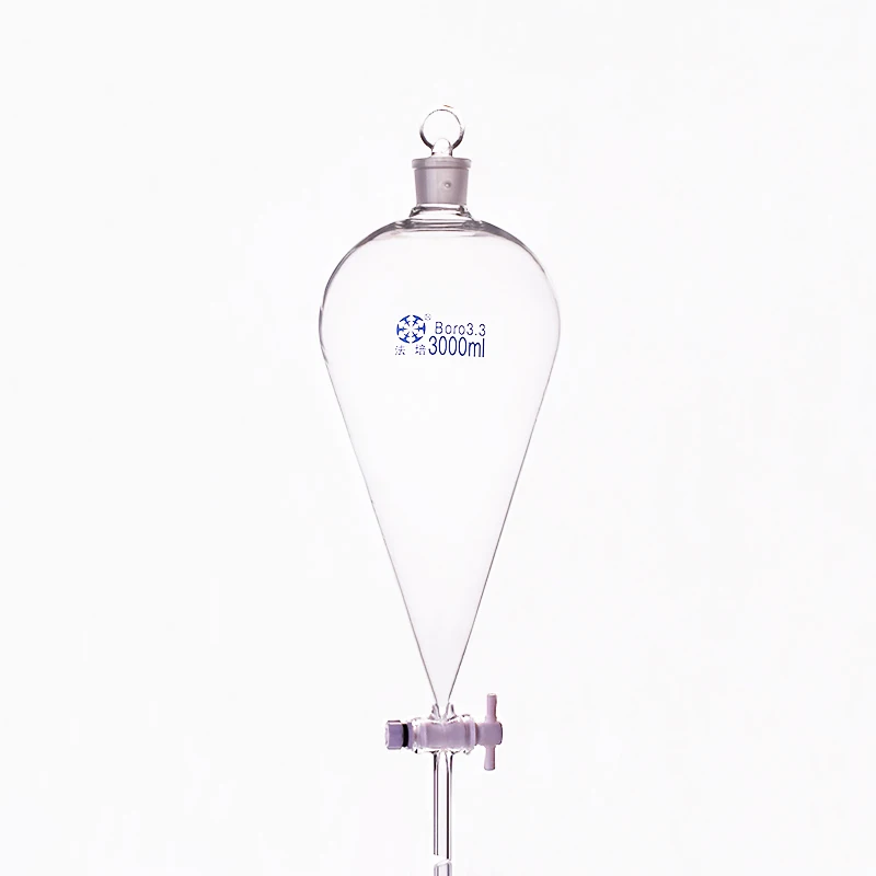 

Separatory funnel pear shape,with ground-in glass stopper and stopcock.Capacity 3000ml,PTFE switch valve