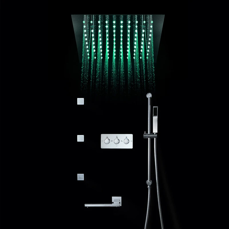 Luxury Multi Color Change Led Rainfall Showerhead Recessed Ceiling Mounted 4 Functions Shower Faucets Set With Slide Bar Massage