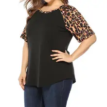 Women Casual Short Sleeve Leopard Print Patchwork O-neck T-shirts Plus Size Women Tee Shirts Loose Summer Large Size Women Tees plus crisscross neck raglan sleeve leopard tee