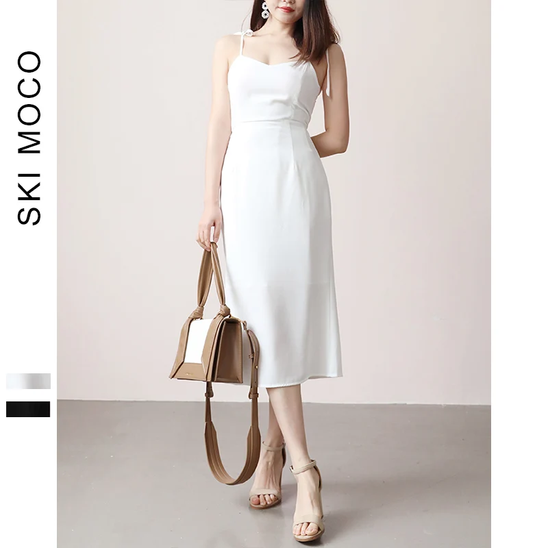 

SkiMoco elegant party dress ladies sexy backless spaghetti strap kneeth white dresses midi vestidos