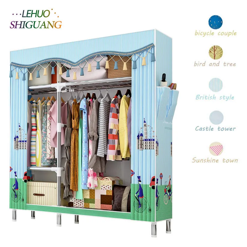 

Modern Economical Assembly Wardrobe 25MM Reinforcement Steel Tube Cloth Closet Bedroom Dust-proof Storage Cabinet