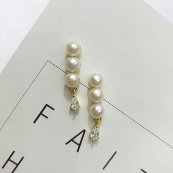 

HRina Nautral Semiround White Freshwater Pearl Balance Beam Earrings S925 Sterling Silver Gold Plated Crystal Drop Earrings