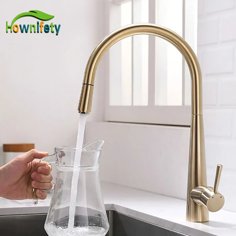 

Brushed Gold Copper Kitchen Sink Faucet Pull out 360 degree Rotation Telescopic Hot and Cold Mixer Crane Tap