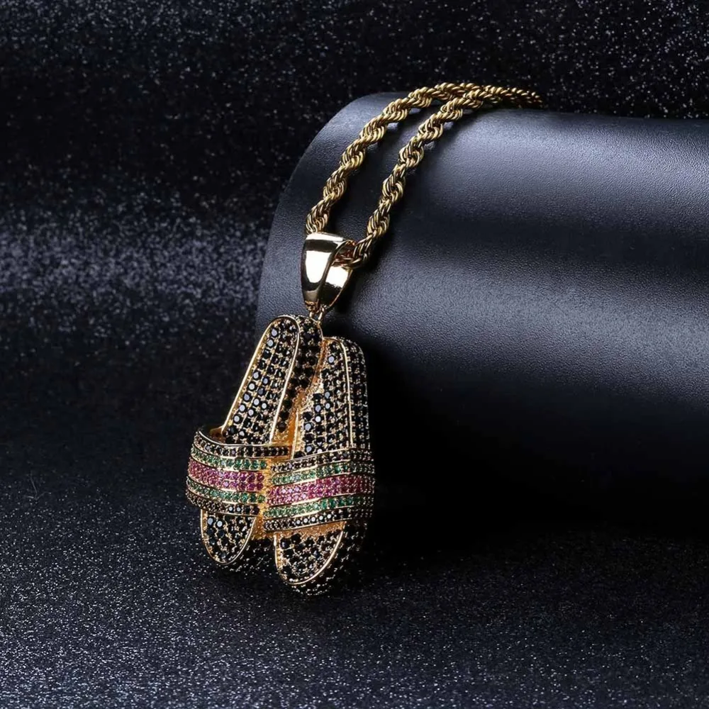 

New Arrival Iced Out Cubic Zirconia Flip Flop Pendant Necklace Cuban link Chain Men Punk Jewelry For Hip Hop Party