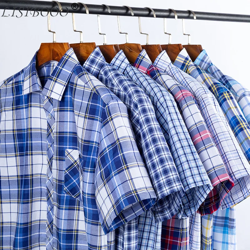 

LISIBOOO New Fashion Spring and Summer Mens Short Sleeve Shirt Slim Flt Men Casual Business Dress Shirt Male Plaid