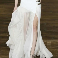 Белый Высокая Талия Обёрточная бумага-стиль юбка макси Особенности талии с тремя металлическими ремень с золотой пряжкой- Для женщин плиссированная юбка трапеция