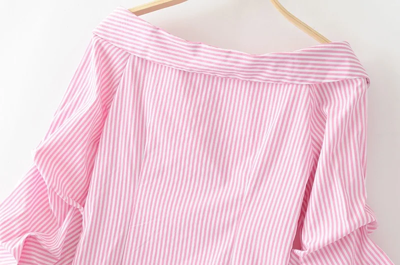 VOGUEIN новые женские розовые синие v-образный вырез гофрированный 3/4 рукав полосатая блузка рубашка Топы