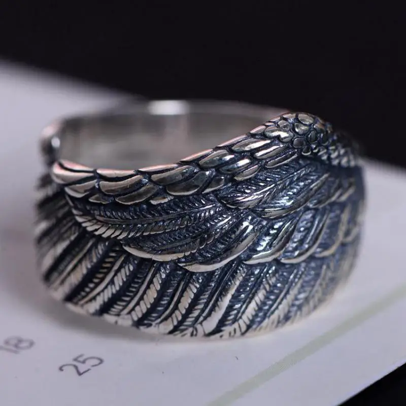 Tanie Oryginalne 925 Sterling Silver Biker Rings dla mężczyzn i kobiet Vintage Thai Silver Feather Rings Resizable biżuteria punkowa
