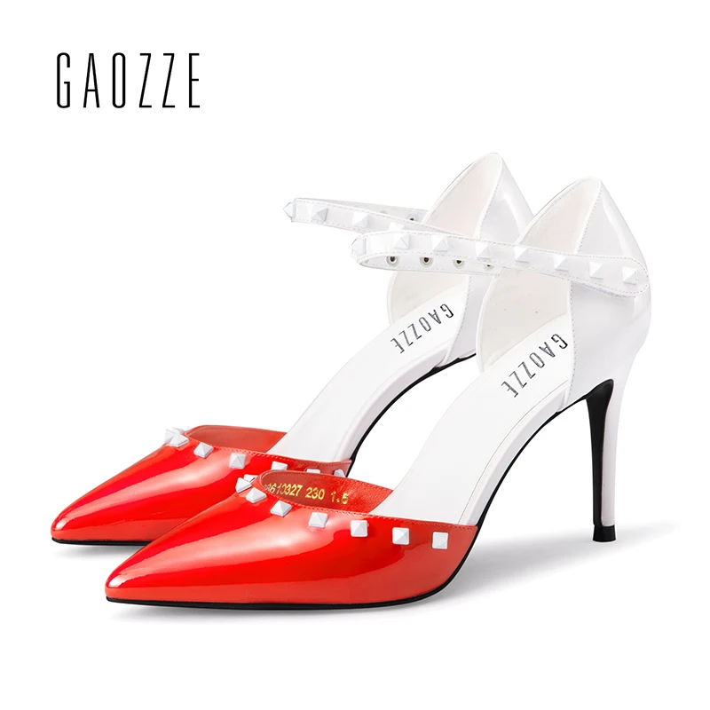 

GAOZZE Fashion Rivet Pointed Toe Patent Leather Sexy Thin High Heels Women Pumps Shoes Mixed Color Buckle Strap Pumps Sandals