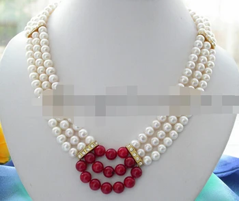 

huij 004724 3ROW 7-8MM WHITE ROUND PEARL RED CORAL NECKLACE discount 40%