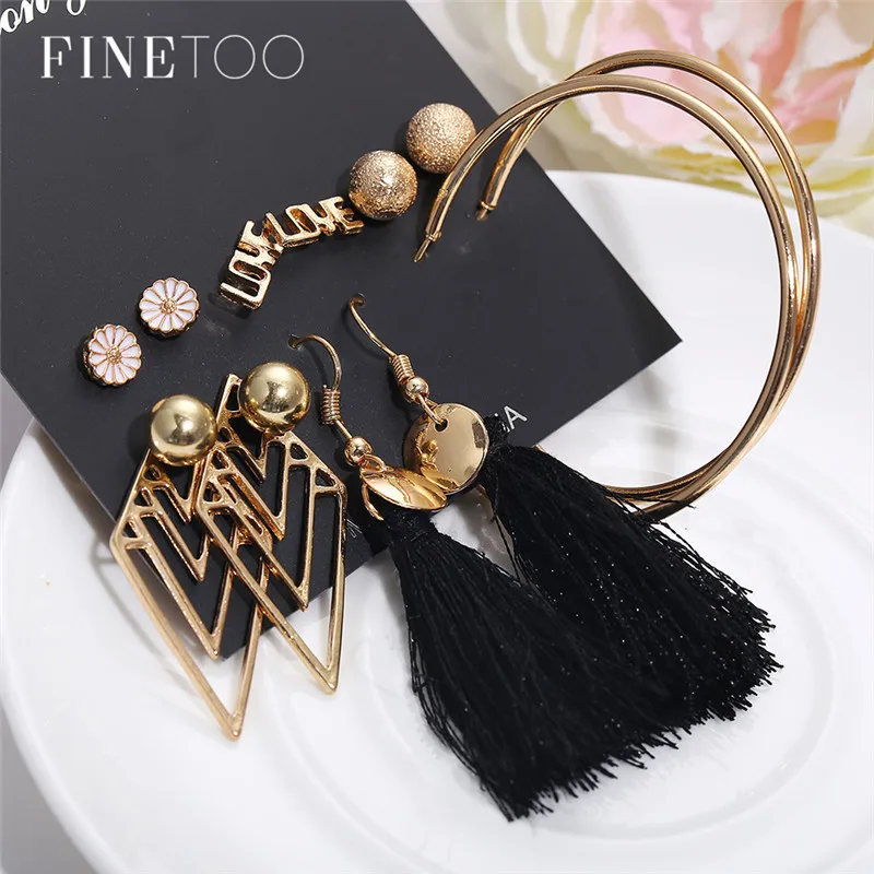 

Gold Color Ball Circle Hoop Geometric Earrings Set for Women Girls Love Flower Earrings Bohemian Fringe Tassel Earrings