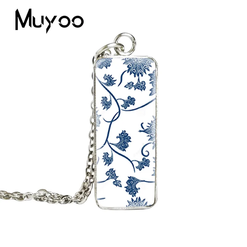 

2019 New Porcelain Floral Photo Square Necklace Indigo Flower Necklaces Art Silver Glass Dome Jewelry
