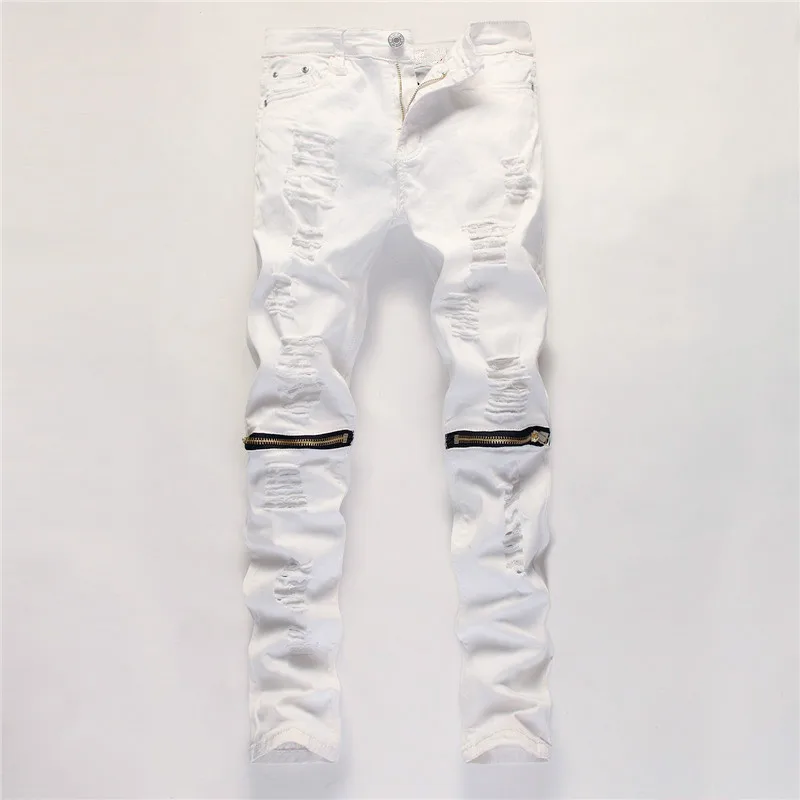 2019 autumn men Casual Denim Pants Classic Cowboys Young hole zipper jeans Slim men trousers Man black red white jeans trousers