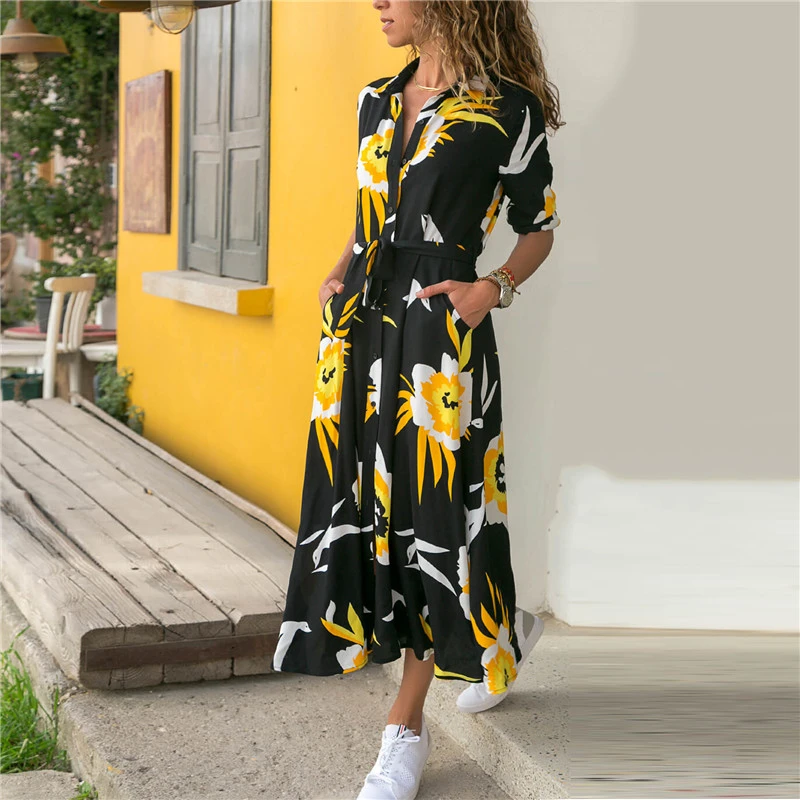 Aachoae Summer Long Dress Women Floral Print Boho Dress Long Sleeve Turn Down Collar Shirt Dress Ladies Casual Dresses Vestidos