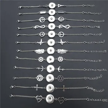 

12pcs Stainless Steel Bracelet 18mm Snap Buttons Feather Crown Yoga Cross Forever Peace Love Star Wheel Rudder ECG Tower Mix