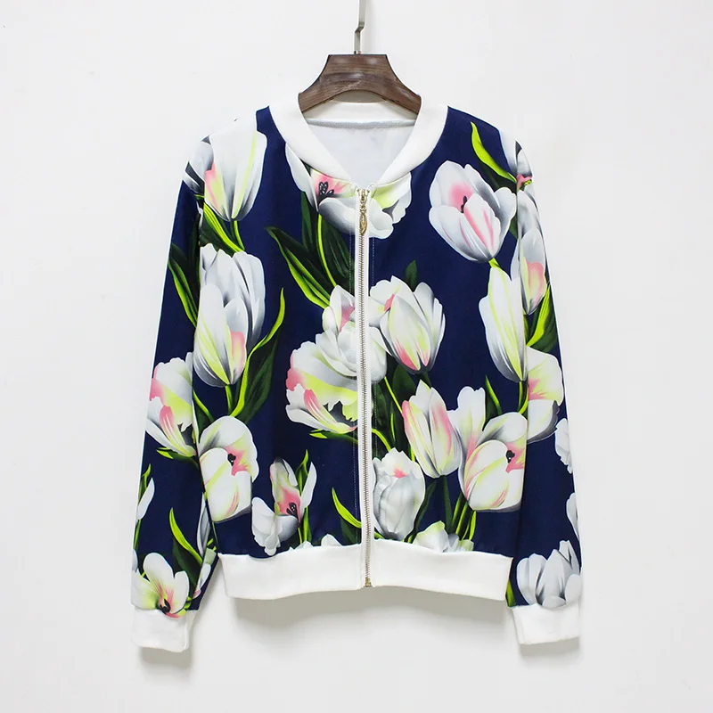 Hermicci NEW Flower Print Women Basic Coats Long Sleeve Zipper Bomber Jacket Casual Jacket Coat Autumn