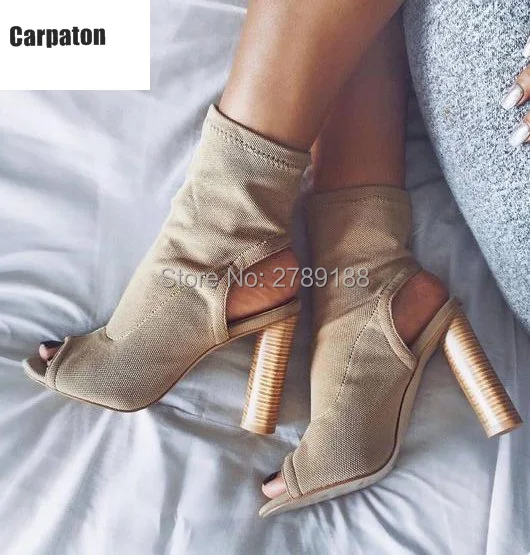 

2017 hot Fashion Stretch Fabric Short Booties Chunky High Heel Shoes Woman open toe Ankle Boots Knit Sock Boots Women Pumps