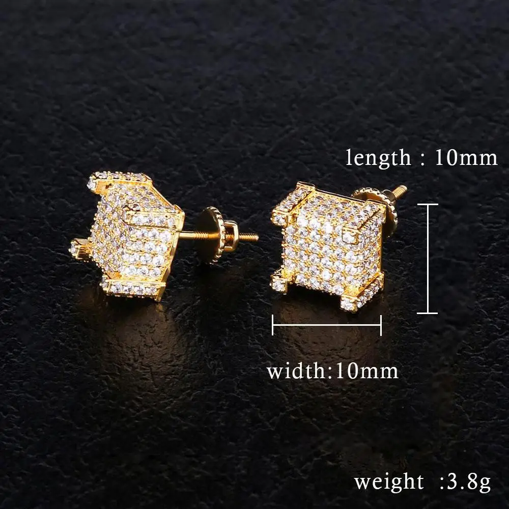 KRKC&CO Micro Pave Gold Iced Out 3D CZ  Earrings Hip Hop Jewelry for amazon/ebay/wish online store for Wholesale Agent in Stock