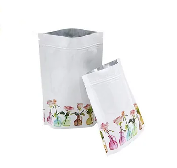 

DHL 700pcs /lot Rose Print Open Top Matte White Pure Aluminum Foil Pouches Heat Sealing Mylar Food Nuts mask Storage Bag