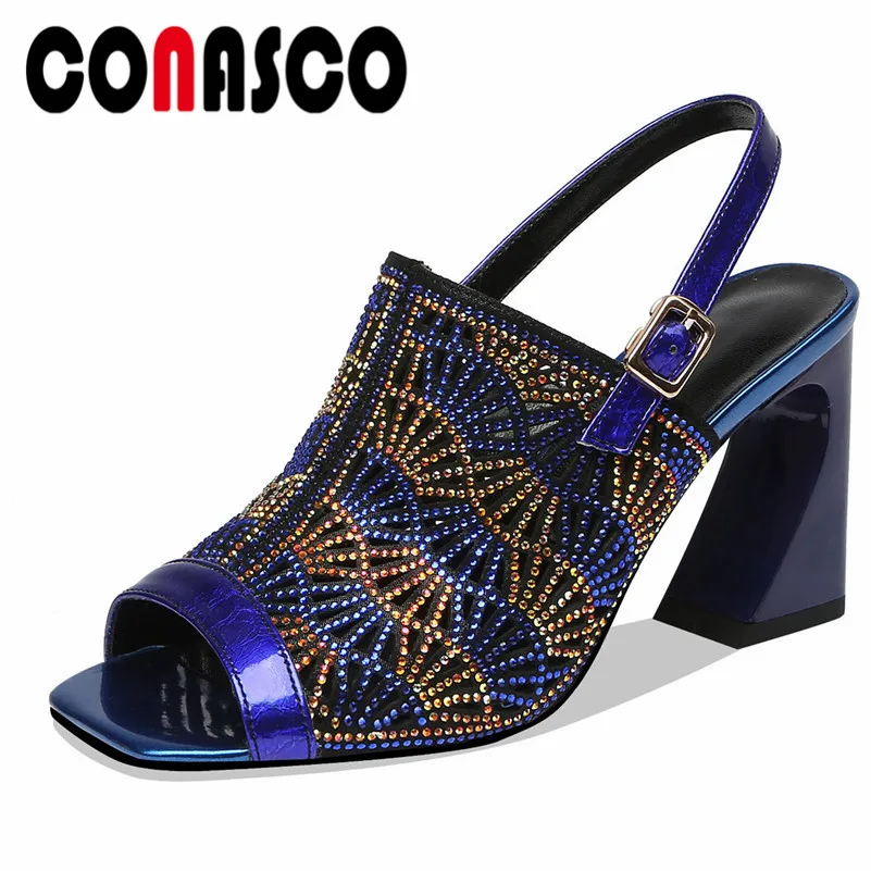 

CONASCO Summer Fashion New Women Elegant Pumps Genuine Leather Hoof High Heels Prom Wedding Buckle Sexy Sandals Shoes Woman