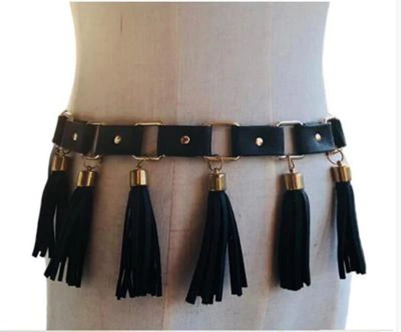 Fashion Women PU Leather Tassel Waist Belts Metal Circle Connect With