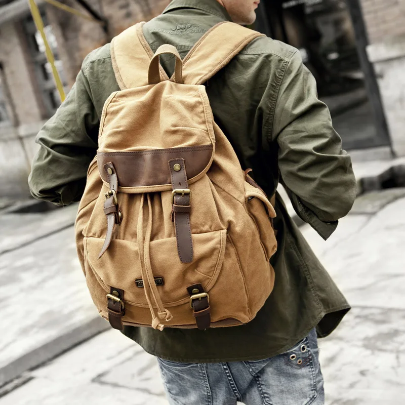 الرجال خمر قماش الظهر أحزمة جلدية على ظهره ، حقائب السفر للرجال الظهر حقيبة مدرسية mochila الغمد الرجال خمر قماش الظهر أحزمة جلدية على ظهره ، حقائب السفر للرجال الظهر حقيبة مدرسية mochila الغمد
