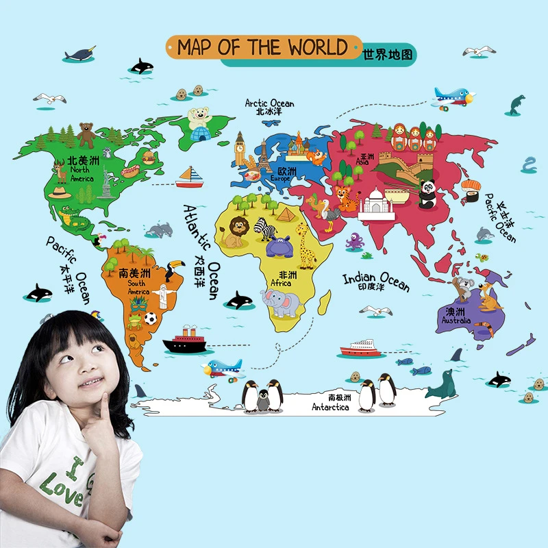 Removable Cartoon Zoo World Map Wall Stickers Decor For Kids Room Kindergarten Nursery Book Store Animals Map Wallpaper Poster Wall Sticker Decor Decoration For Kids Roomsticker Decoration Aliexpress