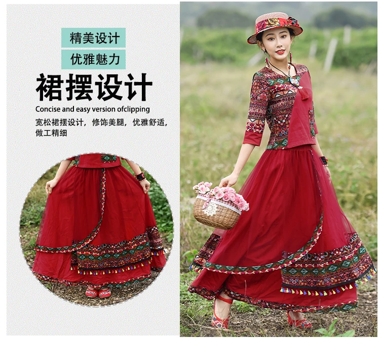 Винтажный комплект из 2 предметов с цветочной вышивкой, женская красная юбка с бахромой и топом, костюм M 2XL conjunto feminino roupa