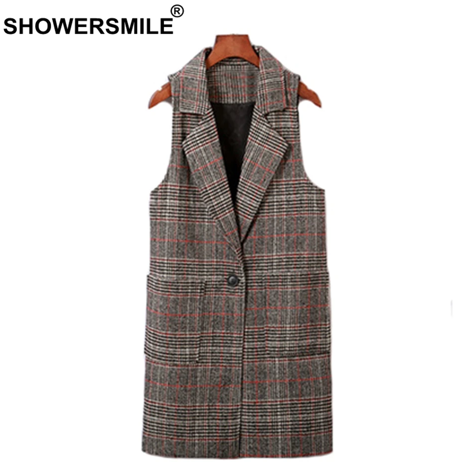 SHOWERSMILE Houndstooth Vests Women Long Grey Check Plaid Coat British Style Sleeveless Vest Female Lapel Collar Retro Waistcoat
