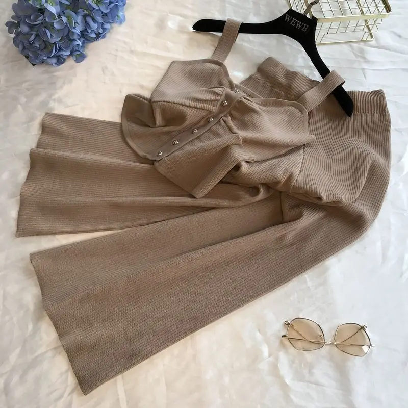 ALPHALMODA вязаный жилет без рукавов + трикотажные широкие брюки женский летний