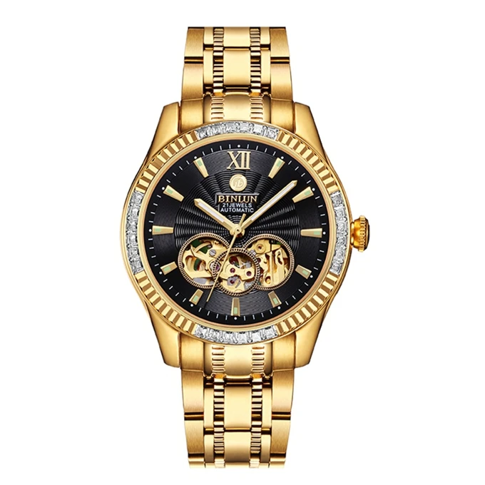 BINLUN, 18 К, золотые Роскошные Мужские автоматические часы, Топ бренд, скелет, механические мужские часы, турбийон, модуль, алмаз, мужские наручные часы - Цвет: Style E