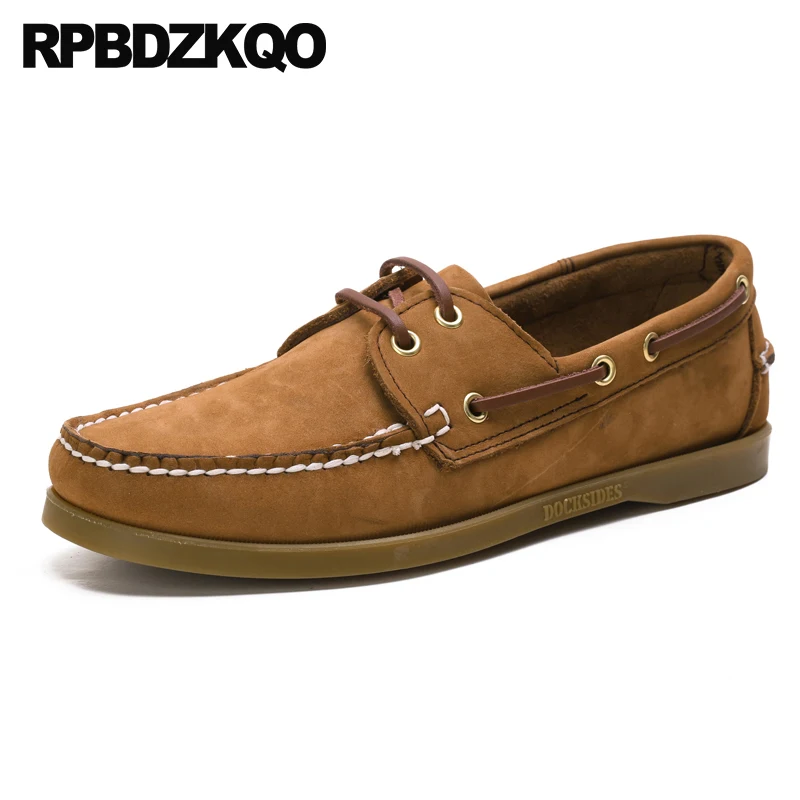 

British Style Men Brown Genuine Leather Shoes Suede Fashion Flats Lace Up Boat Large Size Spring New Breathable 46 Nubuck Real