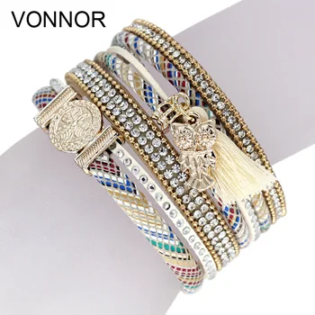 

VONNOR Women Leather Bracelets Multilayer Velvet Rhinestone Bangles Bracelets Tassel Owl Pendant Charm Bracelet Jewelry