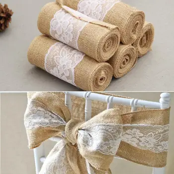 

AsyPets 15*240CM Vintage Jute Burlaps with White Lace Roll Craft Ribbon for Wedding Decoration in Table Runner Chair Sashes