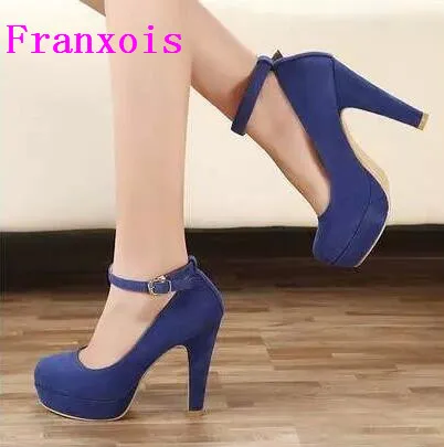 

Franxois 2016 NEW Spring Autumn Fashion Women Platform Pumps Buckle Round head Pure color high-heeled Woman shoes