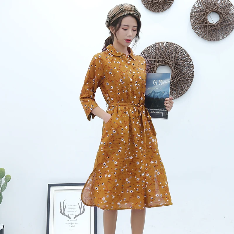 

Johnature Women Korean Style Bandage Dress Print Floral A-Line 2019 Spring New Seven Sleeve Button Sweet Mori Girl Dress Soft