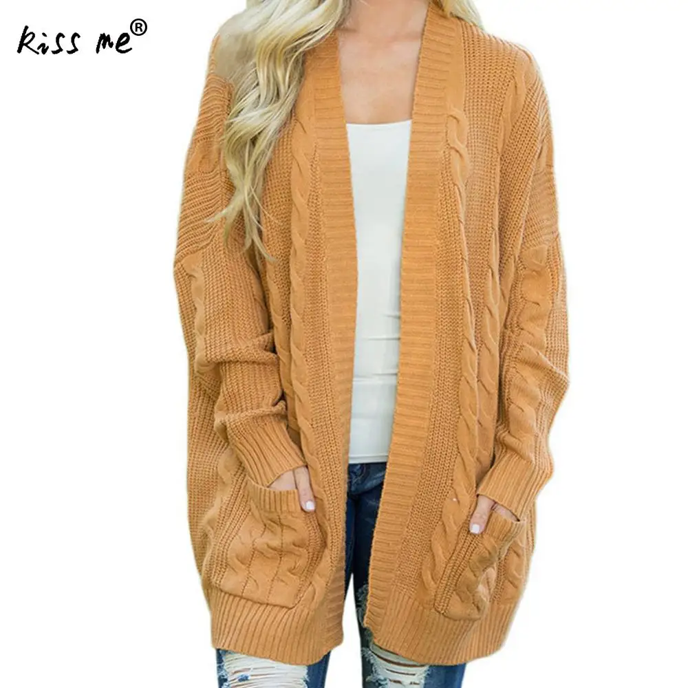 2018 Women Autumn Solid Long Cardigan 2018 Yellow Female Elegant Pocket