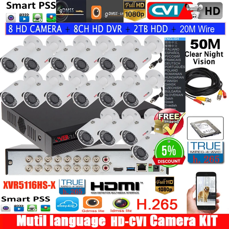 XVR5116HS S3 16ch CVI система камер безопасности включает в себя 16pcs 2MP 1080P