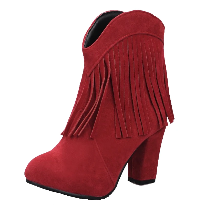 SJJH Women Nubuck Ankle Boots with Round Toe Chunky Fringe Suede Short Martin Boots Fashion Sweet Roman Shoes Large Size Q368