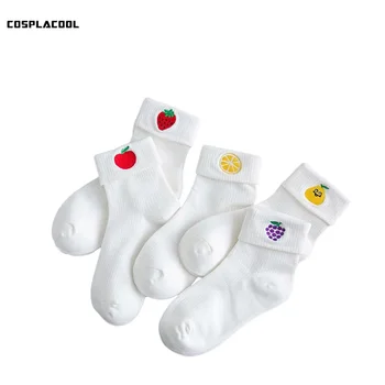 

[COSPLACOOL]35-39 Women Socks Harajuku White Color Embroidery Fruit Grape Strawberry Orange Character Printed Chaussette Femme