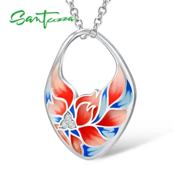 

SANTUZZA Silver Necklaces Pendants 925 Sterling Silver White Cubic Zirconia Luxury For Women Flower Enamel Handmade Fine Jewelry