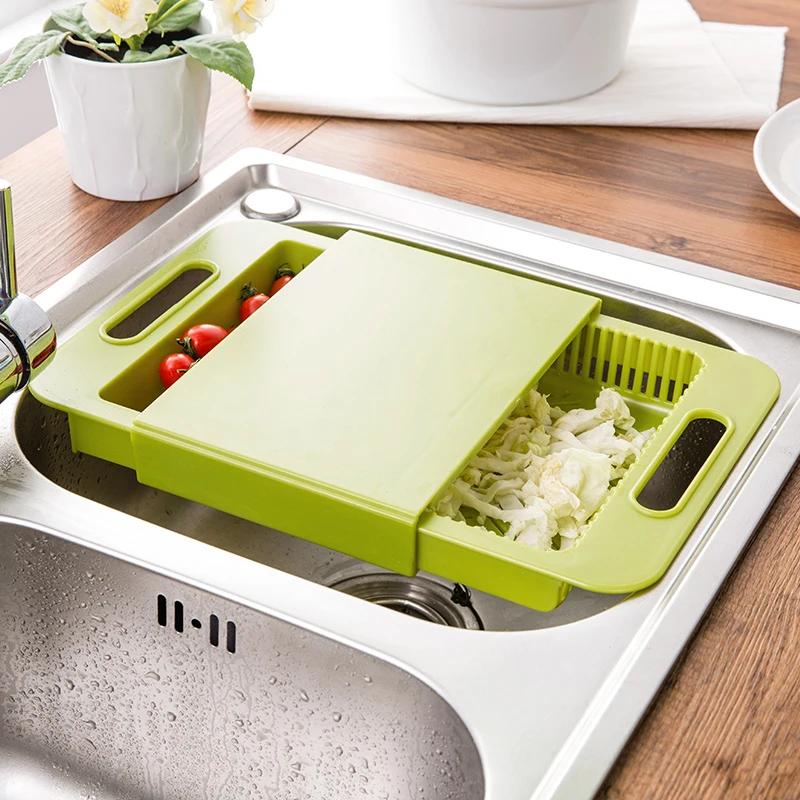 

3 in 1 Retractable Drain Basket Multifunction Chopping Board with Handle Filter Frame Removable Chopping Blocks Kitchen Tool