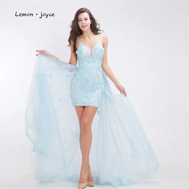 Fashionable Baby Blue Prom Dresses 2018 Luxury Floral Appliques Beading