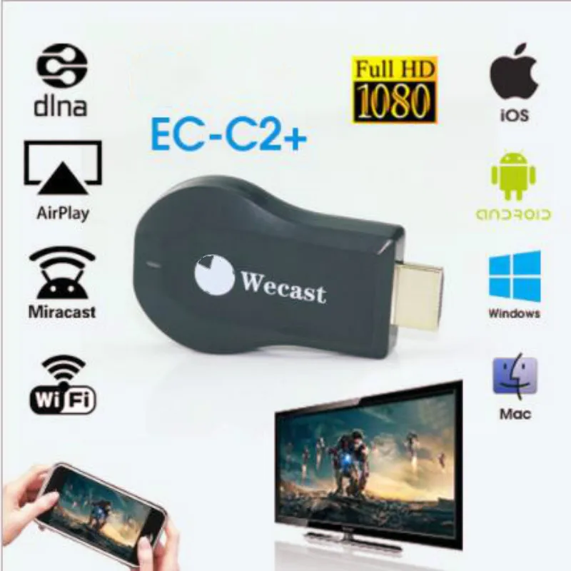 Wecast C2+ Miracast DLNA беспроводной WiFi Дисплей ТВ ключ HDMI потоковый медиаплеер Поддержка зеркального отображения Android Systerm