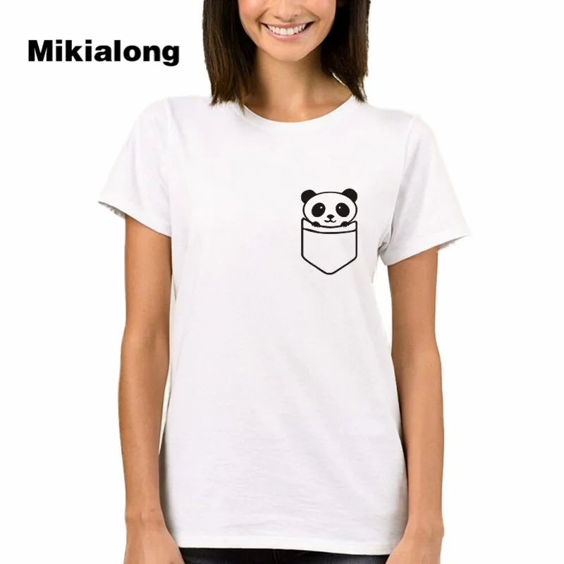 Mikialong 2017 Summer Style Women T Shirt Panda Pocket Printed Kawaii