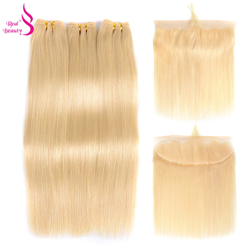 

Real Beauty 613 Honey Blonde 3 Bundles Straight Hair With Frontal Closure Remy Brazilian PlatinumBlonde Human Hair With Frontal