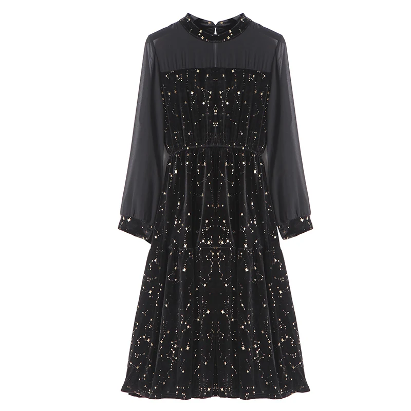 

black stand neck long sleeve autumn velvet gold star print mesh maxi long dress