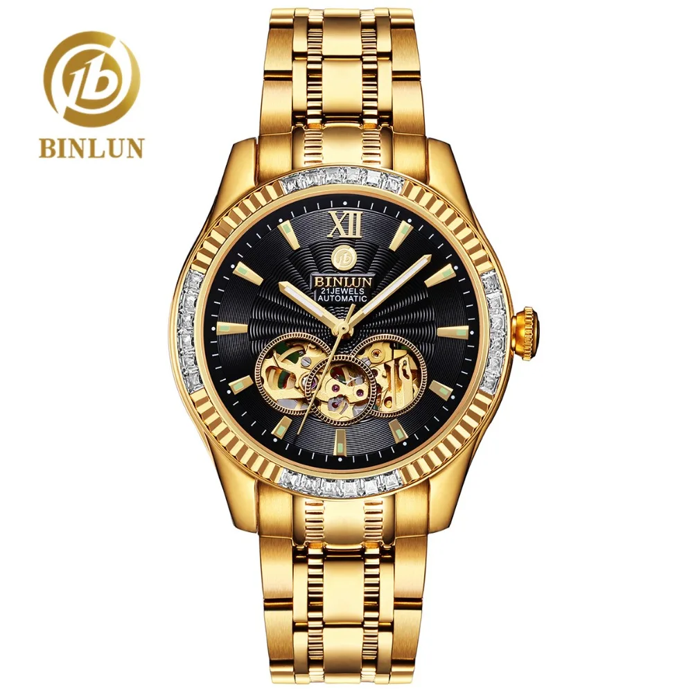 BINLUN, 18 К, золотые Роскошные Мужские автоматические часы, Топ бренд, скелет, механические мужские часы, турбийон, модуль, алмаз, мужские наручные часы