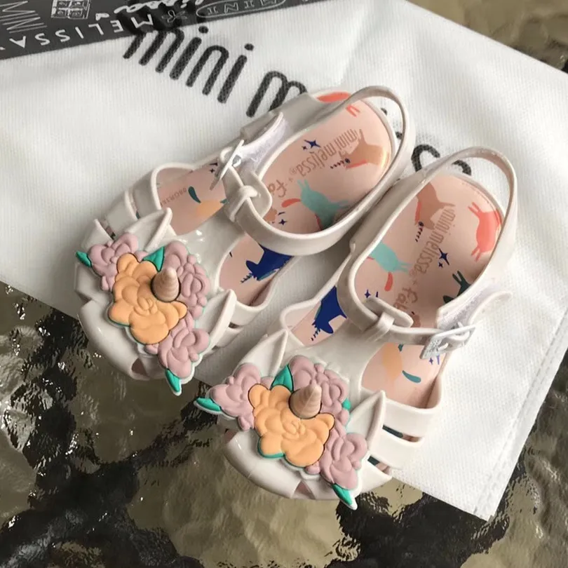 Mini Melissa/ оригинальные брендовые прозрачные сандалии с единорогом и цветами для девочек; римские сандалии для девочек; нескользящие сандалии Melissa для малышей